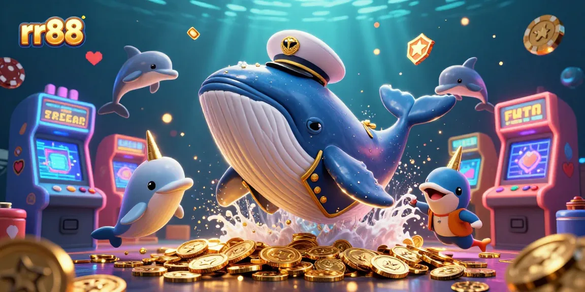 Experience rr88 with a vibrant underwater scene featuring playful dolphins, a cartoon whale, and dynamic casino elements.
