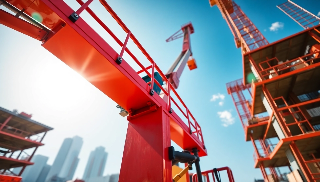 Cherry picker elevating workers above a construction site in bright sunlight.