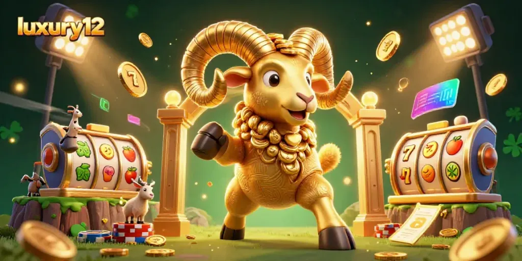 Engage with luxury12's thrilling casino experience with a golden ram charging through a jackpot scene.
