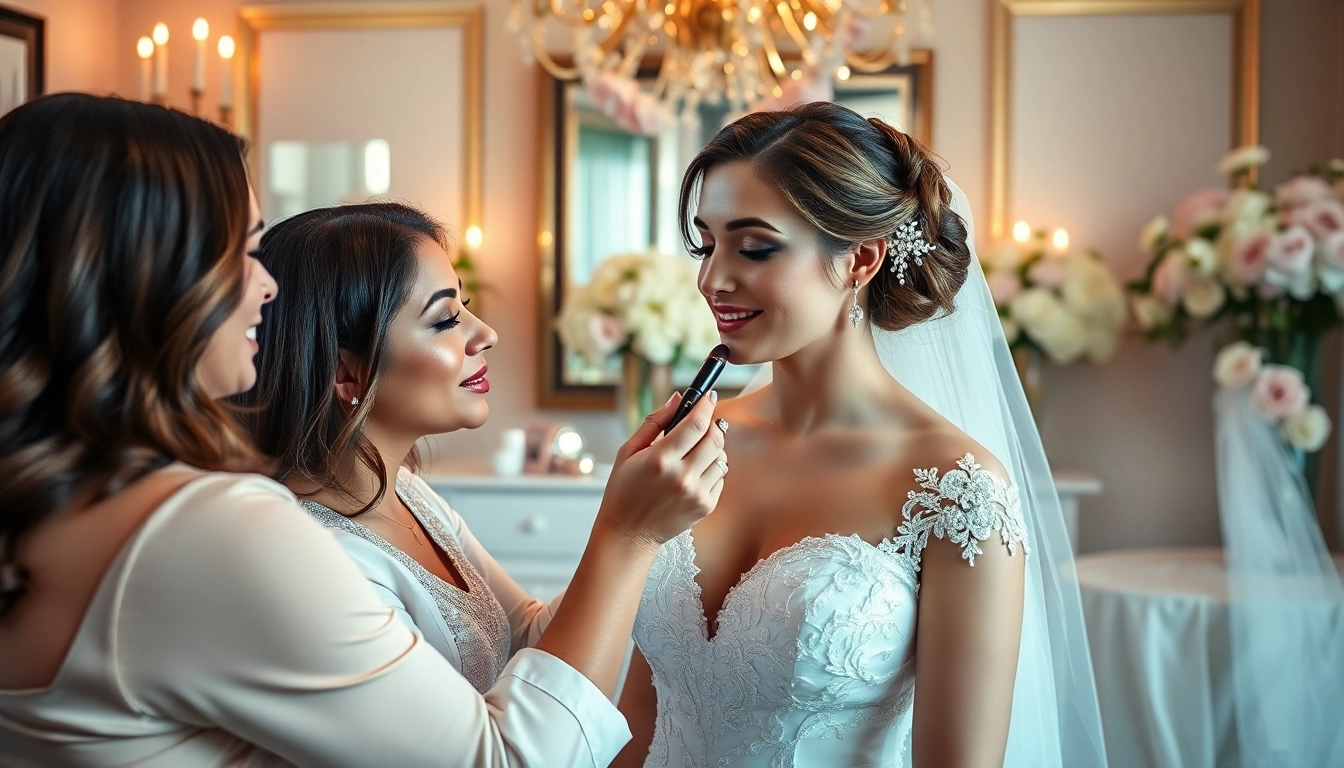 Bridal makeup artists from the Dallas bridal glam team enhancing a bride's beauty in a studio.