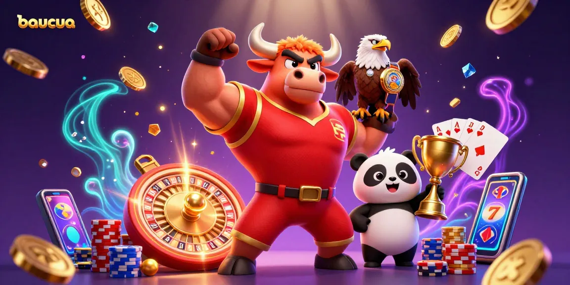 Experience baucua's vibrant energy with a bull mascot and eagle celebrating casino victories.