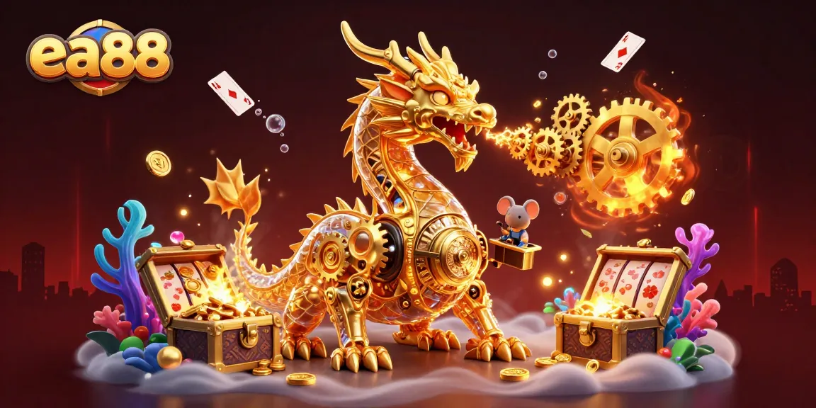 Experience thrilling gameplay at ea88 with a golden dragon unleashing treasures in a vibrant casino scene.