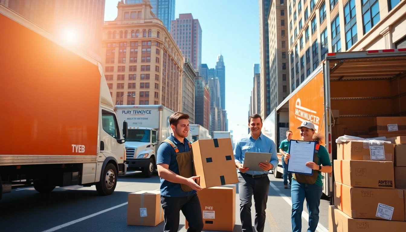 Efficient Manhattan moving services showcased by professional movers handling boxes in a busy urban street.