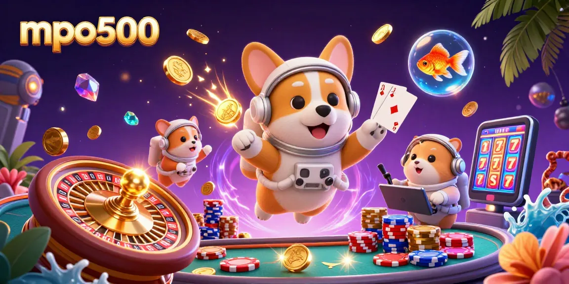 Experience the thrill with mpo500 in a dynamic space station casino, featuring vibrant characters and gambling elements.