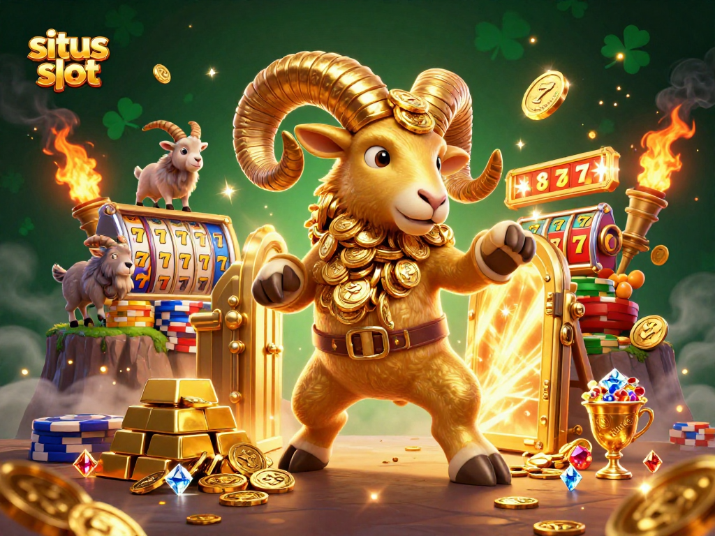 Engage with situs slot excitement in a vibrant 3D illustration of a golden ram charging at a treasure vault.