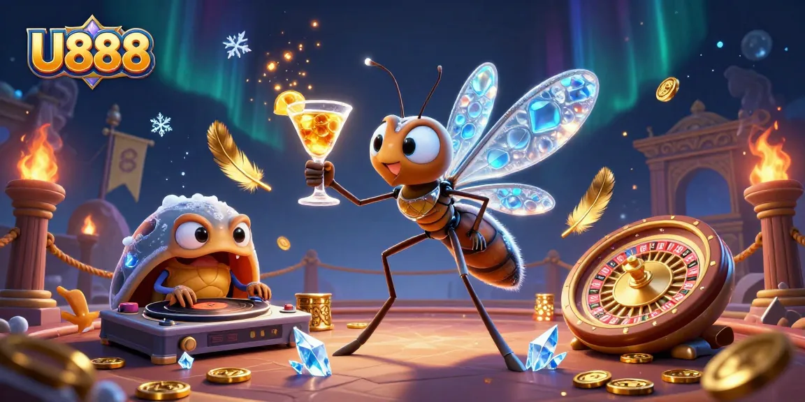 U888 casino mascot coming to life in a vibrant, engaging casino scene with golden roulette and DJ elements.