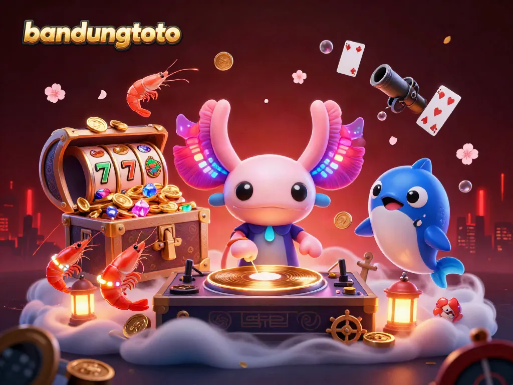 Experience the excitement of bandungtoto as a neon axolotl DJ spins slots amidst underwater treasures.