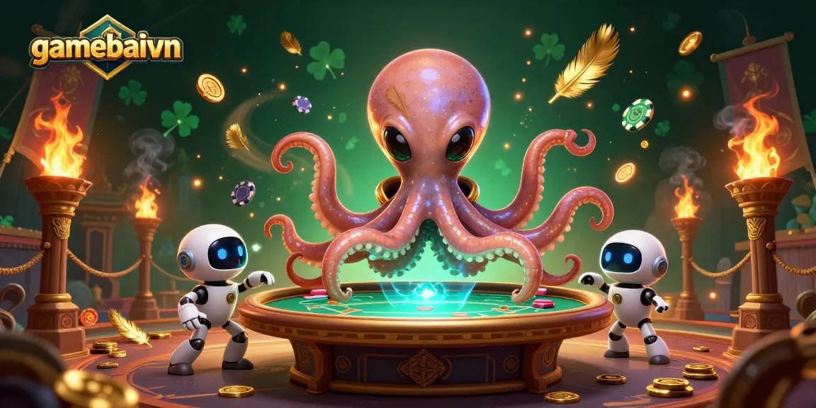Join the gamebaivn experience with a dynamic poker atmosphere featuring an alien octopus and poker elements.