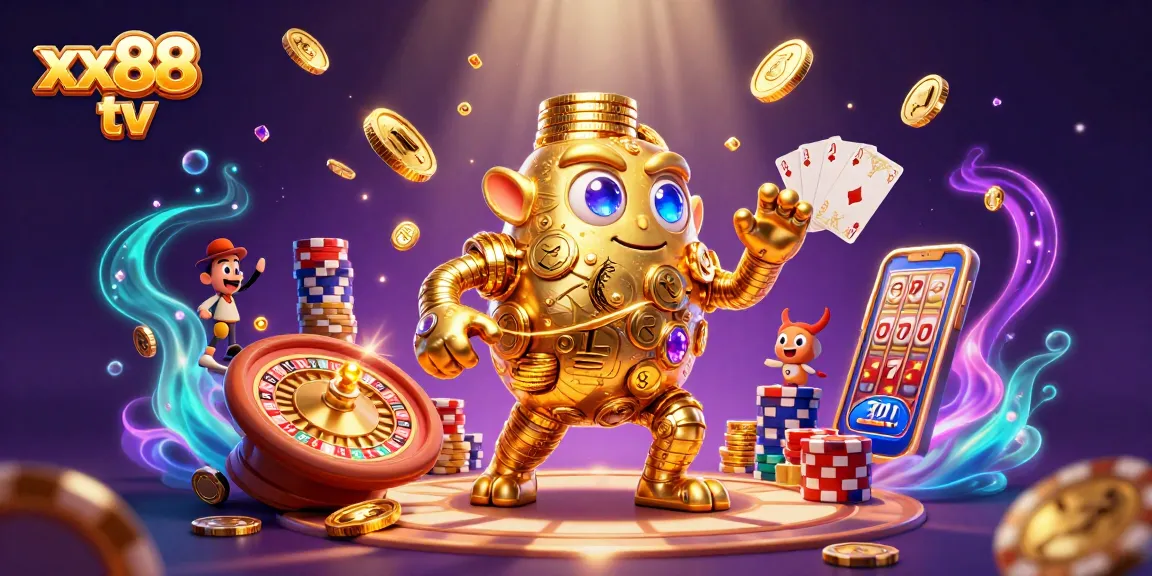 Experience the thrill of gaming with xx88 tv as golden coins cascade alongside a vibrant roulette wheel.