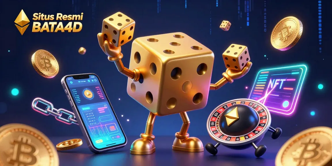 Engage with Situs Resmi BATA4D through a vibrant 3D casino scene showcasing dynamic golden dice and crypto elements.