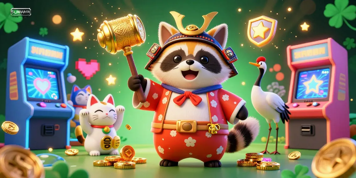 SUNWIN presents a festive digital celebration with cheerful tanuki, crane, and lucky cats amid vibrant arcade gaming elements.