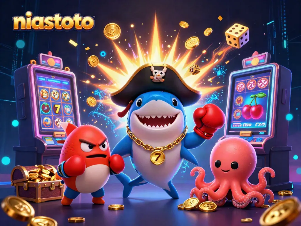 Experience thrilling gameplay with niastoto, where a cartoon pirate shark, pufferfish, and octopus celebrate a jackpot victory!