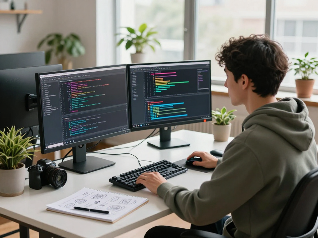 Developer coding in a modern workspace, showcasing mantra88 in a vibrant tech environment.