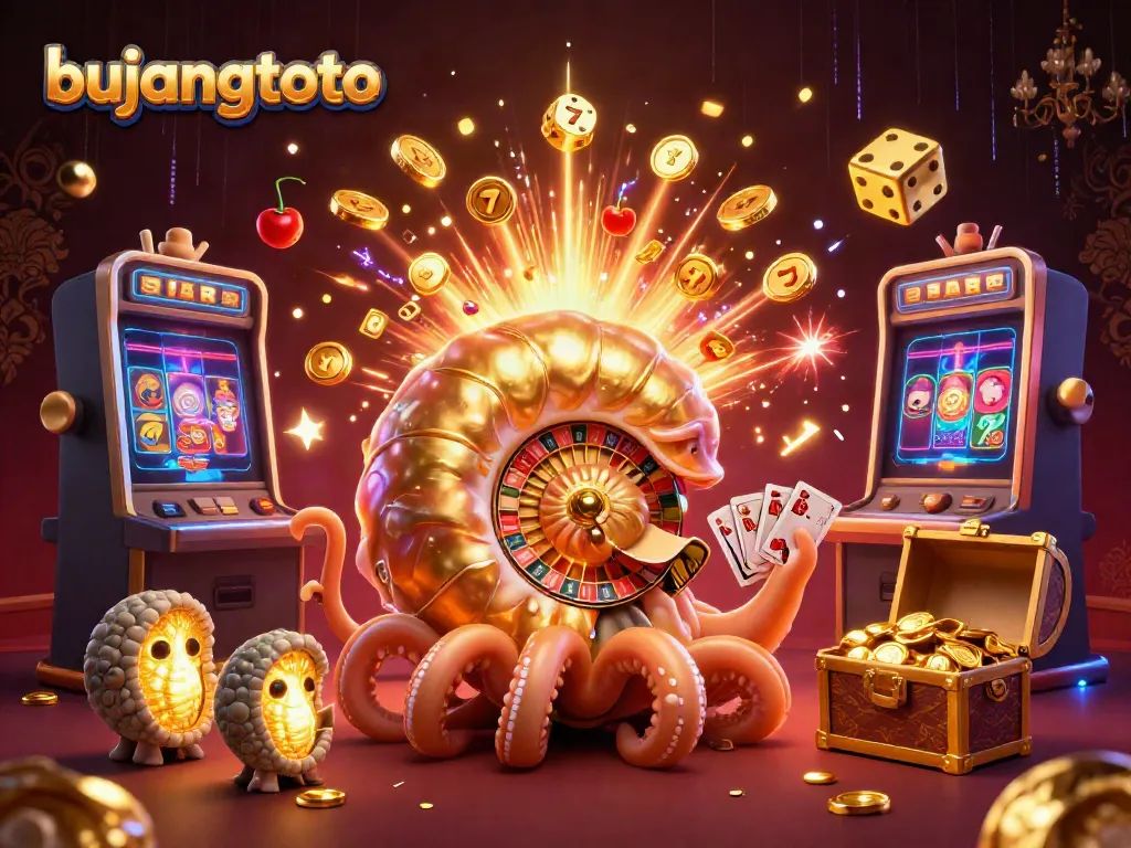 Bujangtoto's vibrant 3D casino scene showcasing unique games and treasures