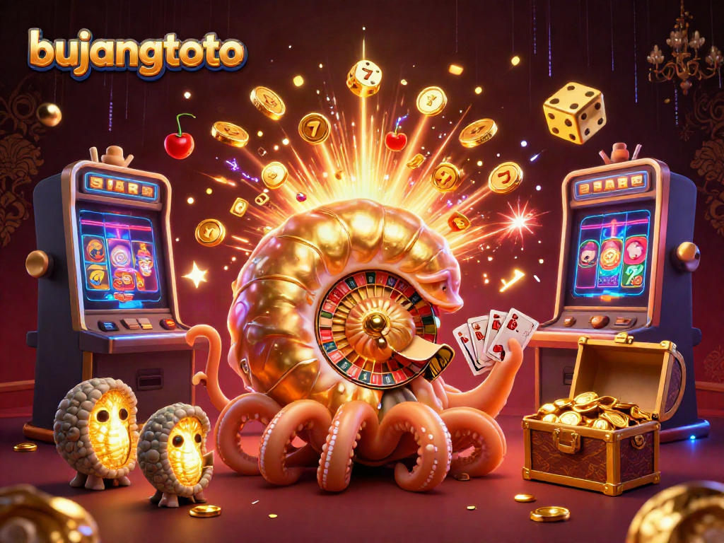 Bujangtoto's vibrant 3D casino scene showcasing unique games and treasures