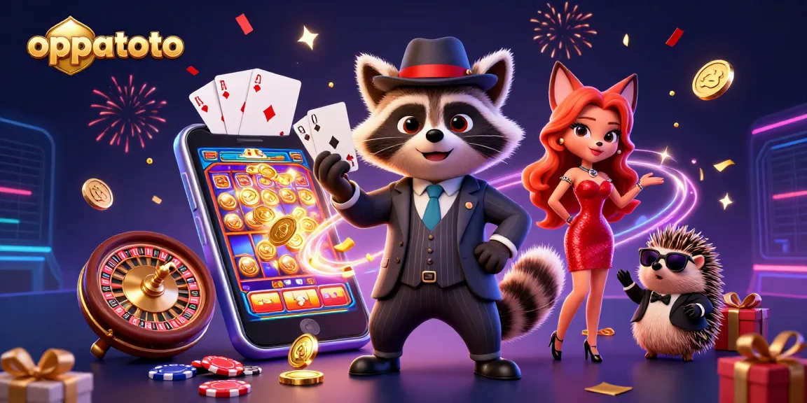 Experience the excitement of oppatoto with a raccoon, fox lady, and hedgehog bouncer in a vibrant casino scene.