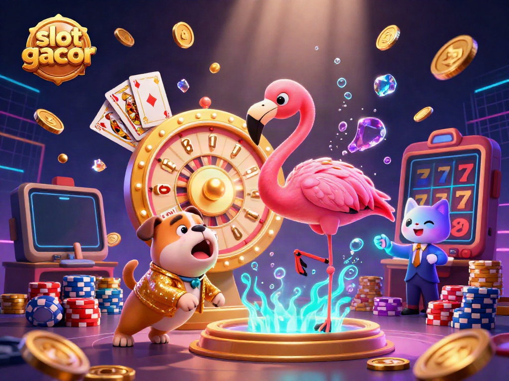 Menang besar dengan slot gacor, ilustrasi ceria dengan simbol kasino, koin emas dan suvenir berkilau.