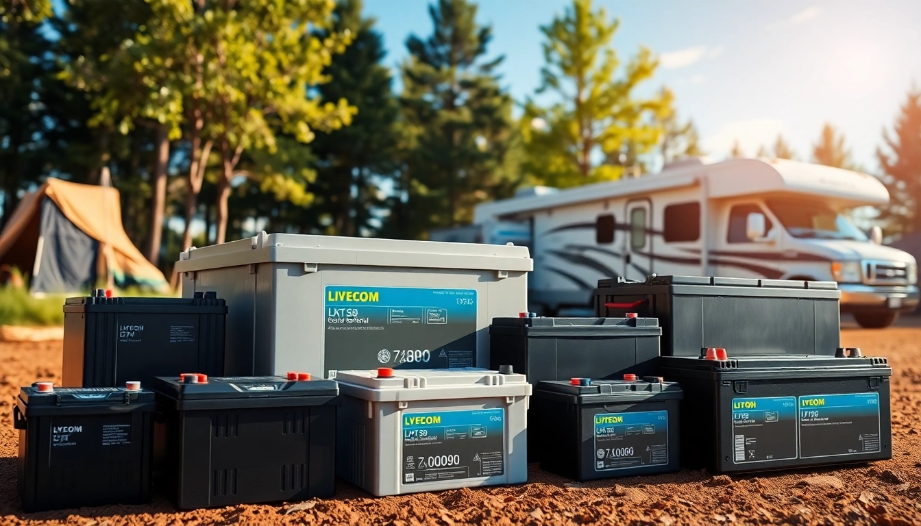 Showcasing high-performance lithium RV batteries in a bright camping setting.