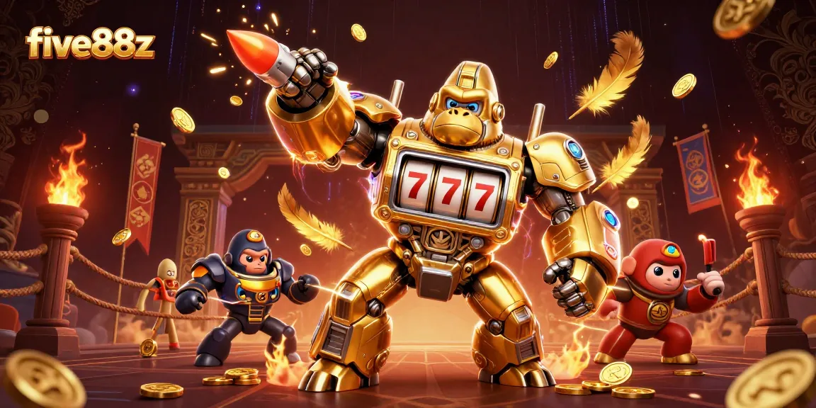Experience winning excitement with the five88z golden gorilla mech amidst a vibrant casino scene.