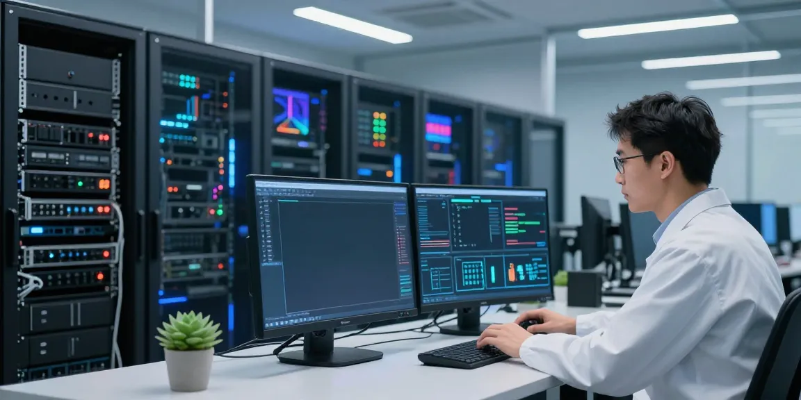 Technician monitoring AI inference metrics in a high-tech data center.