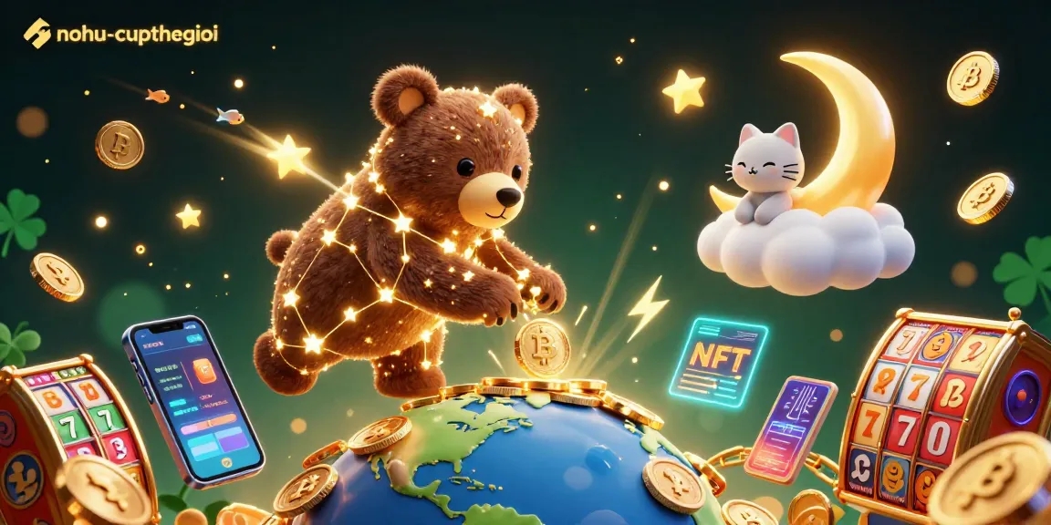 Nohu-cupthegioi showcases vibrant slot reels and cryptocurrency coins in a dynamic casino scene.