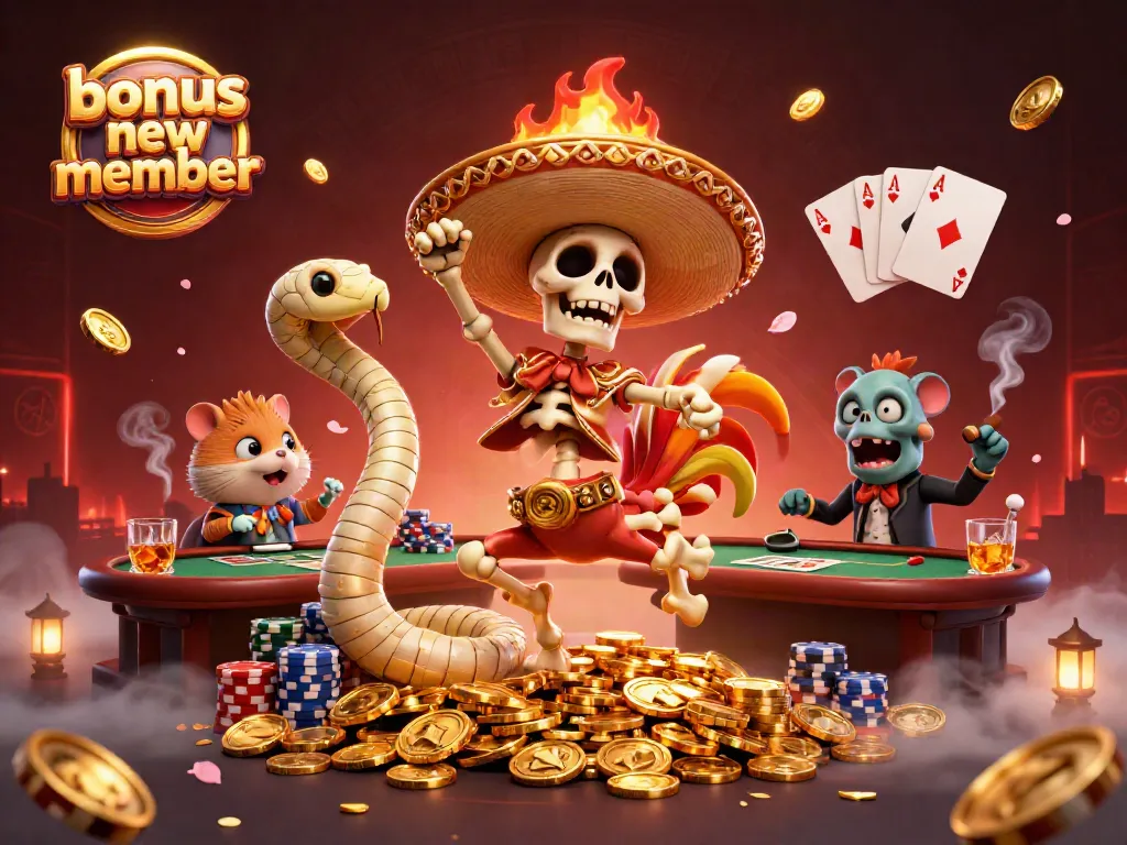 Engage with the excitement of the bonus new member promotions featuring vibrant casino characters celebrating amidst golden coins and poker elements.