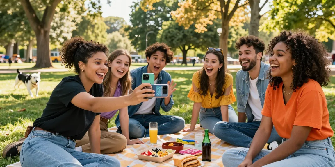 Friends having fun at the park using "how old do I look" app on smartphone.
