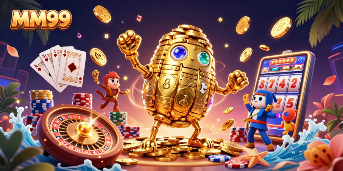 Experience thrilling gameplay with MM99, featuring a golden golem and vibrant casino elements.