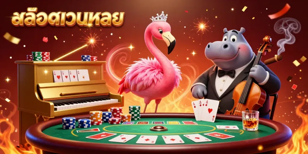 Engage in สล็อตเว็บตรง action with a flamboyant flamingo singer and hippo bassist in a lively casino setting, showcasing colorful poker chips.
