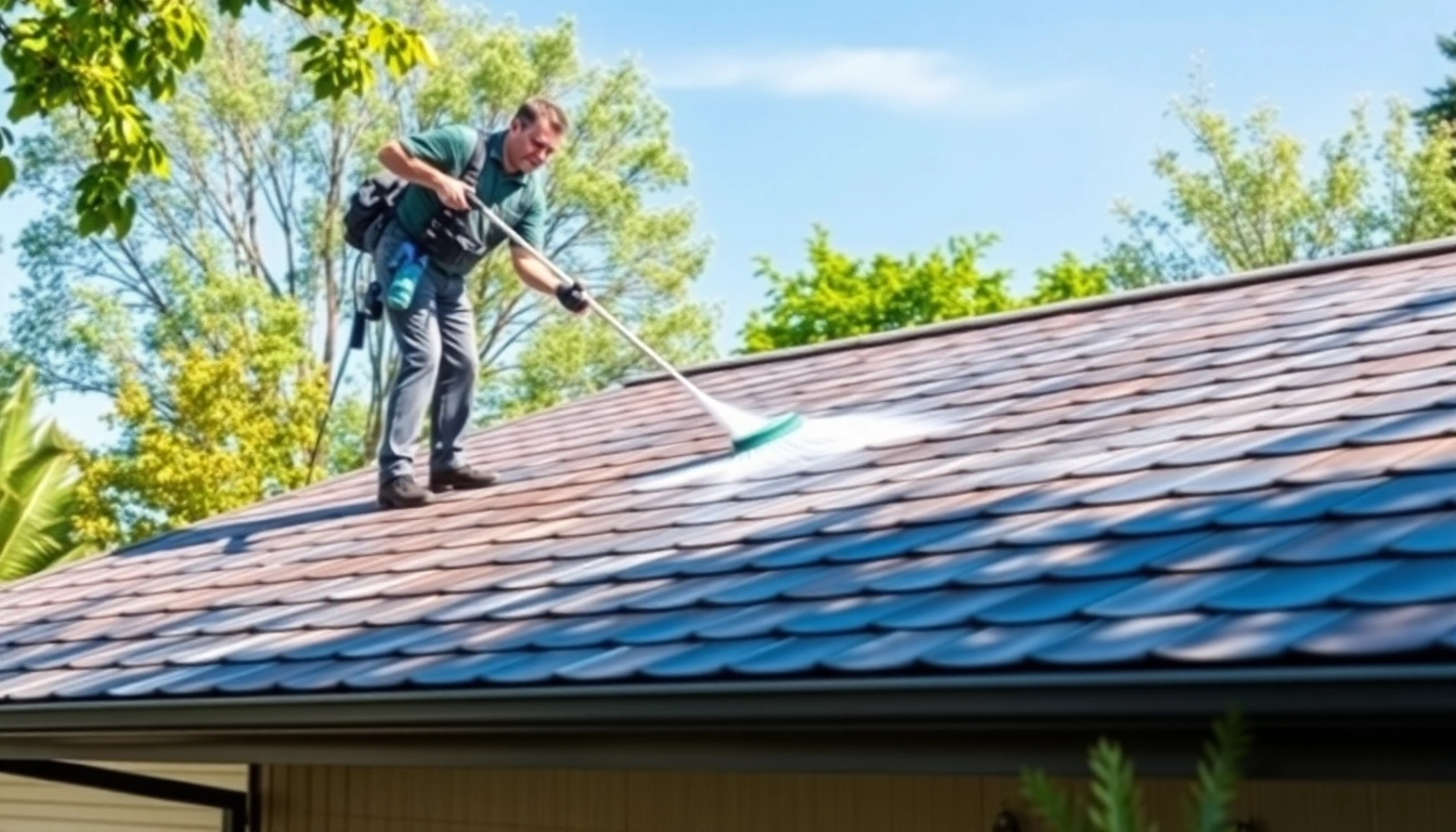Technician performing roof cleaning on a home, showcasing thorough restoration efforts.
