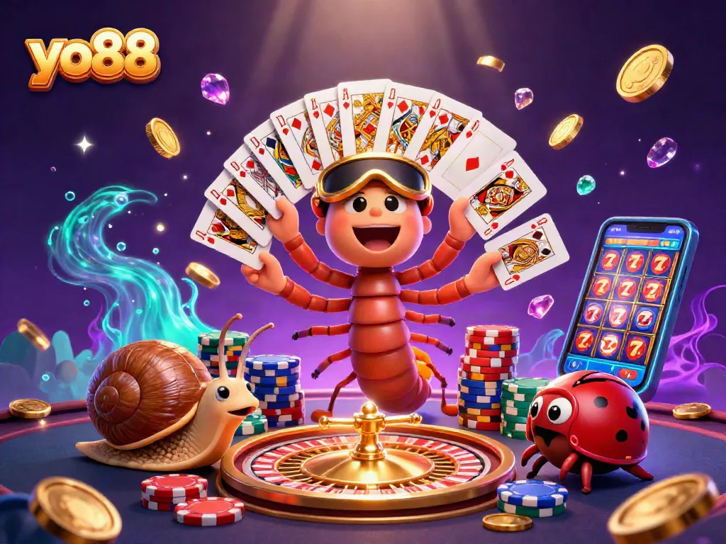 Win big at yo88 with a thrilling casino scene featuring a millipede dealer and a snail high-roller.