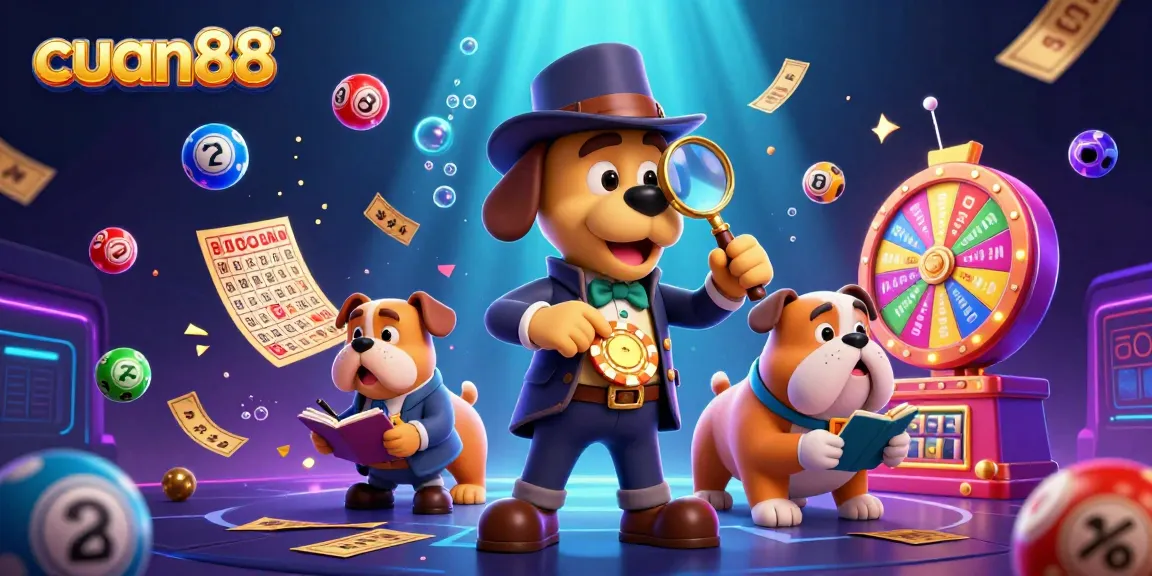 Menggali kemenangan di cuan88 dengan detektif 3D dan elemen game lotere berwarna-warni.