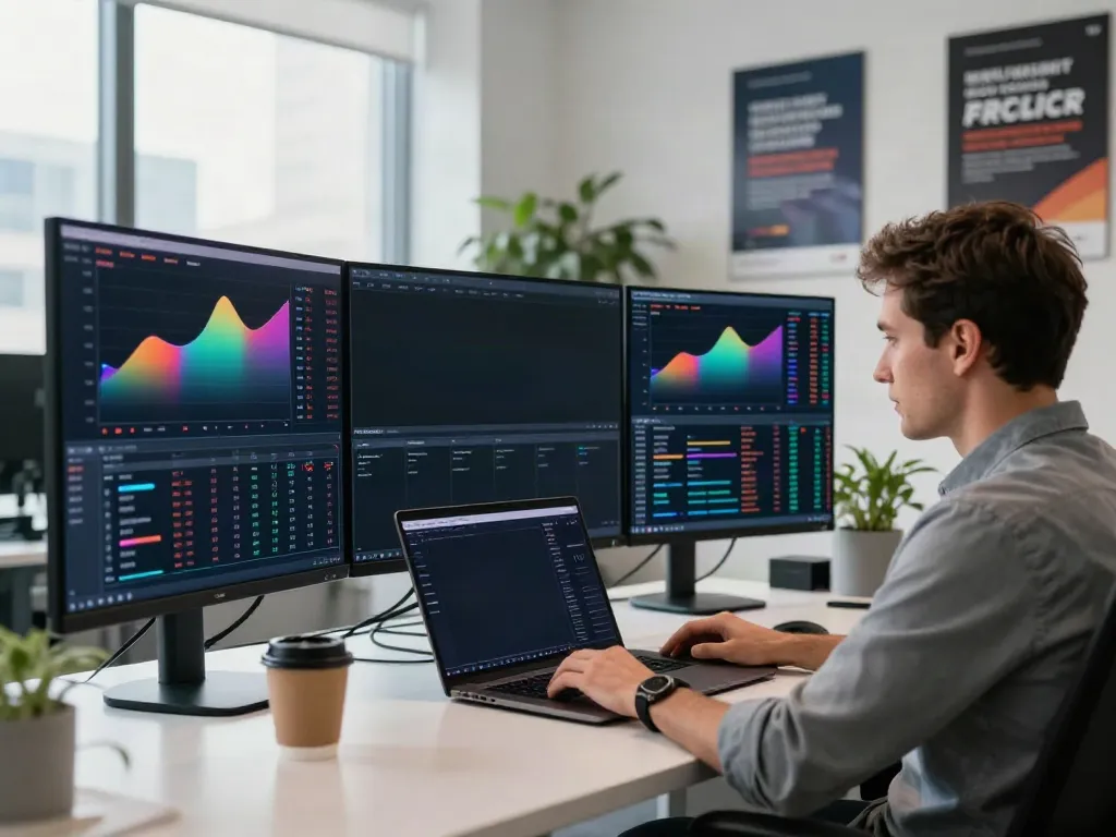 tradingview官网 displayed on laptop in a modern trading office with multiple monitors and natural light