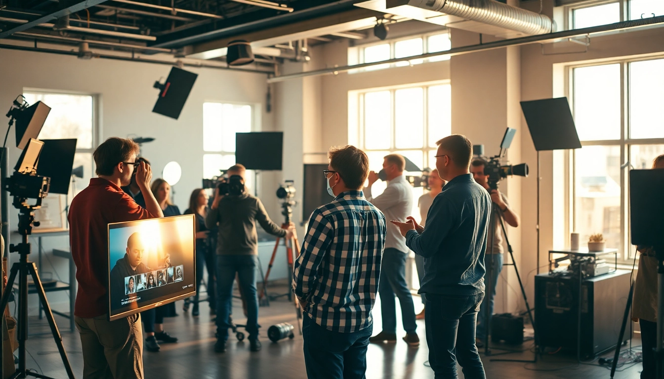 Dynamic video production Edmonton team collaborating energetically on a vibrant film set