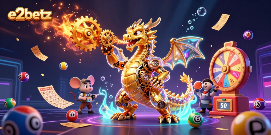 Experience e2betz excitement with a vibrant 3D illustration of a gold biomechanical dragon and dynamic casino elements.