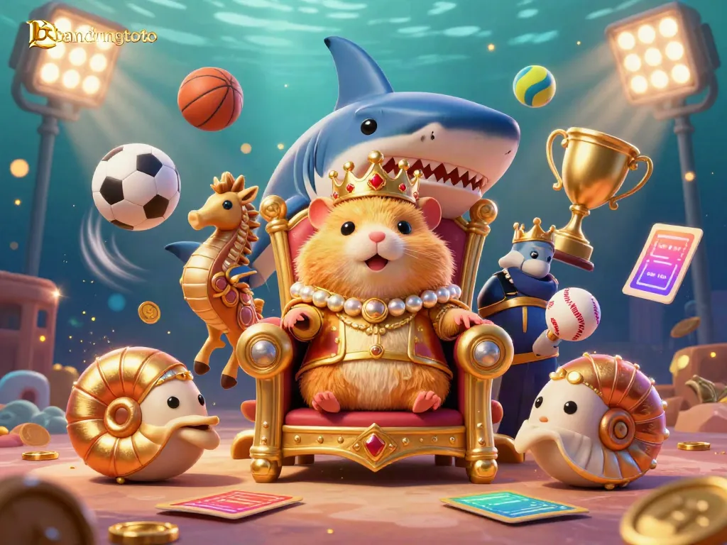 Engage with the vibrant bandungtoto world of sports gambling featuring a golden hamster king on a shark tooth throne amid dynamic sports elements.