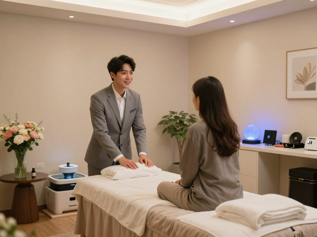 청주오피 서비스 제공을 위한 아늑하고 현대적인 공간, 고객 상담 중인 매니저와 편안한 인테리어가 특징입니다.