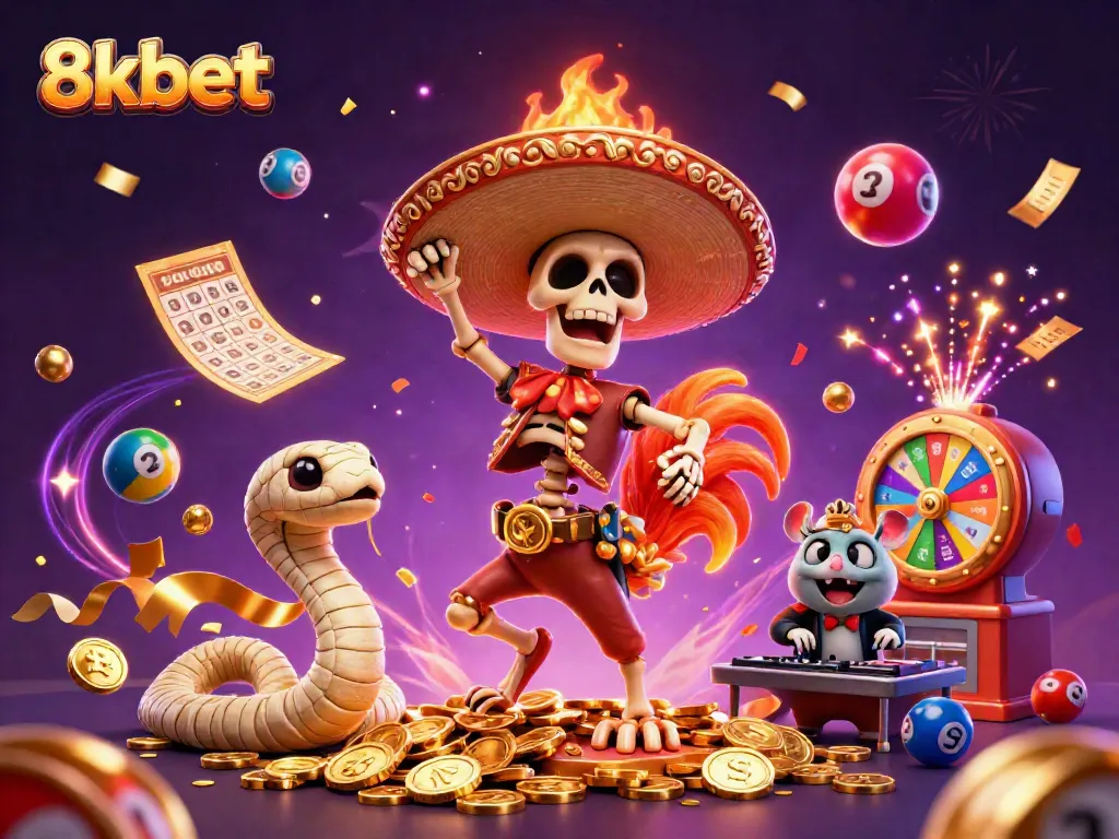 Experience the excitement of 8xbet with a vibrant 3D dance of characters on golden coins, embodying thrilling lottery action.