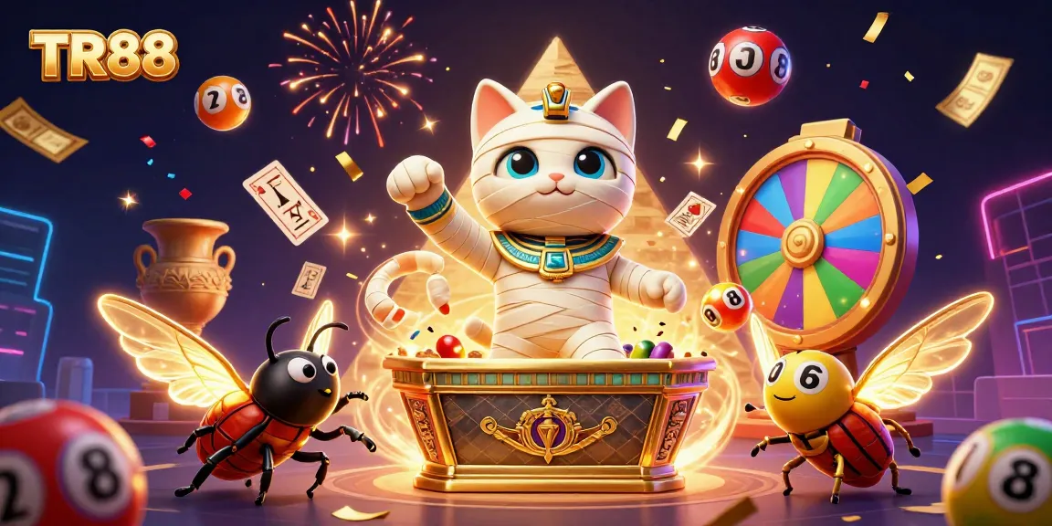 Join TR88 in a vibrant casino scene with a mummy cat and a scarab beetle amidst colorful lottery elements.