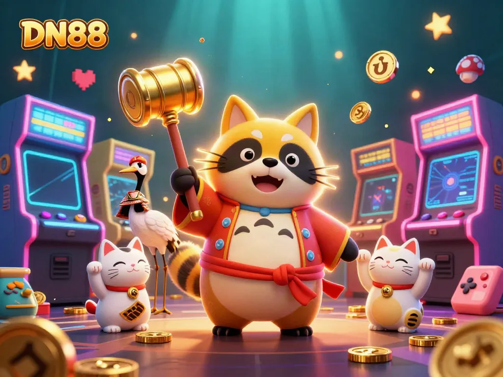 Experience the excitement of DN88 with a cheerful tanuki and gaming elements in a vibrant casino setting.