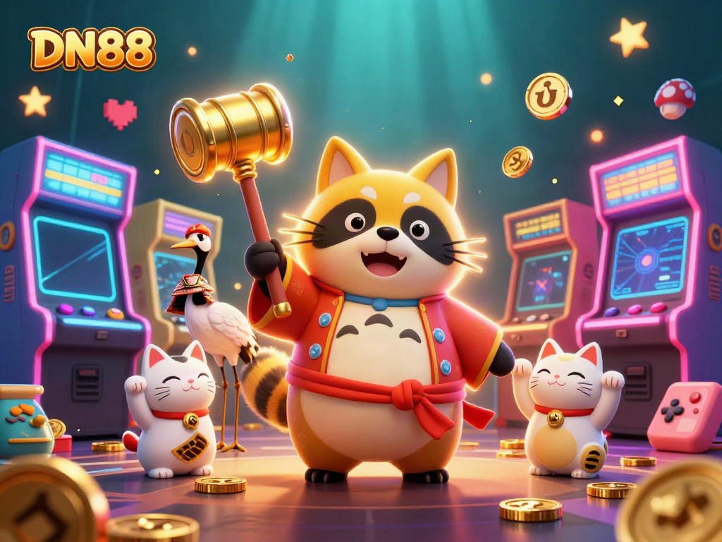 Experience the excitement of DN88 with a cheerful tanuki and gaming elements in a vibrant casino setting.
