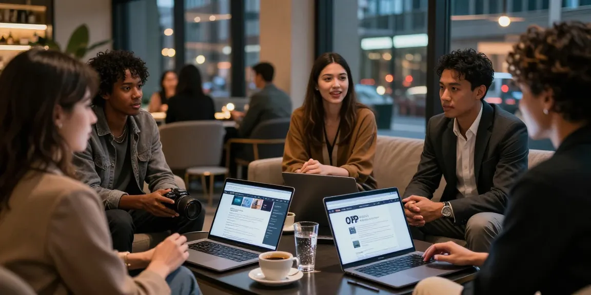 Engaging conversation about 오피가이드 services in a modern lounge.