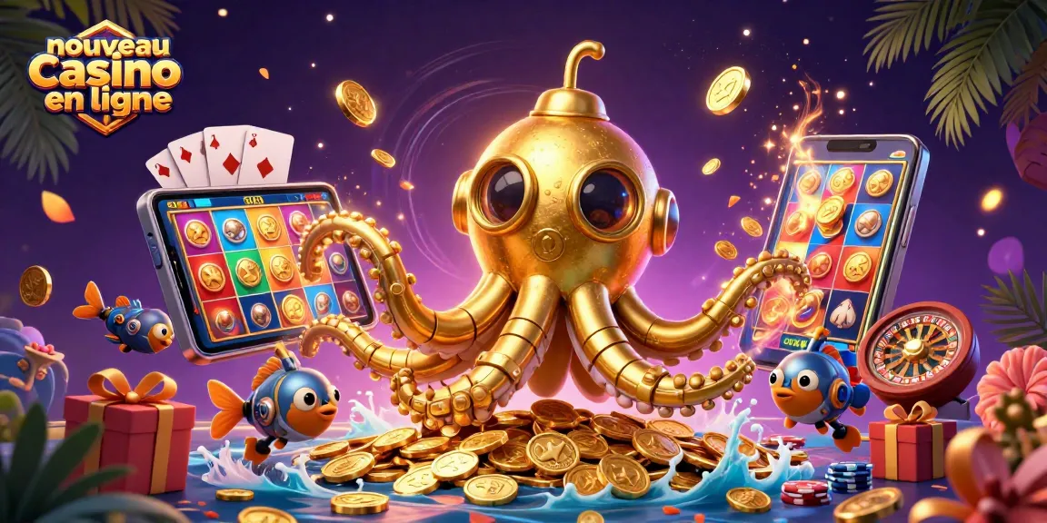 Plongée dans l'univers du nouveau casino en ligne avec un kraken doré entouré de pièces et de jeux de cartes.
