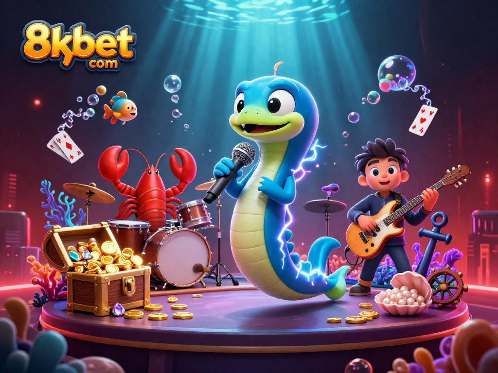 Experience thrilling action at 8xbet com with a magical underwater casino scene illustrating vibrant characters and treasures.