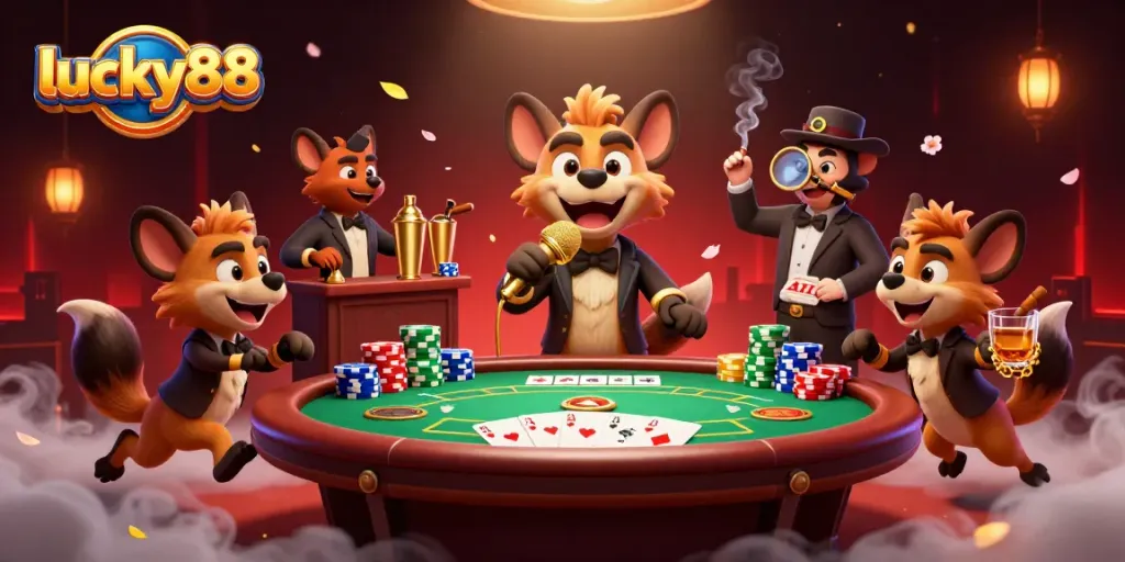 Experience excitement at lucky88's vibrant casino scene with hyenas entertaining and gaming.