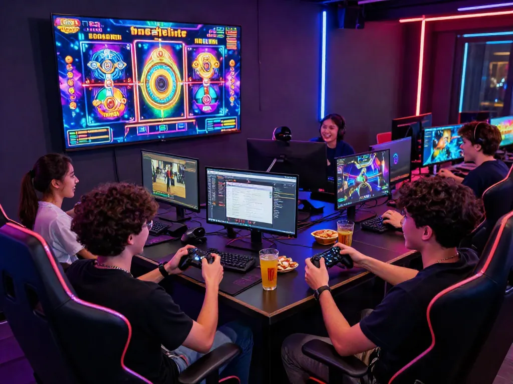 Exciting gaming lounge with friends enjoying slot gacor maxwin, vibrant atmosphere, modern tech setup.
