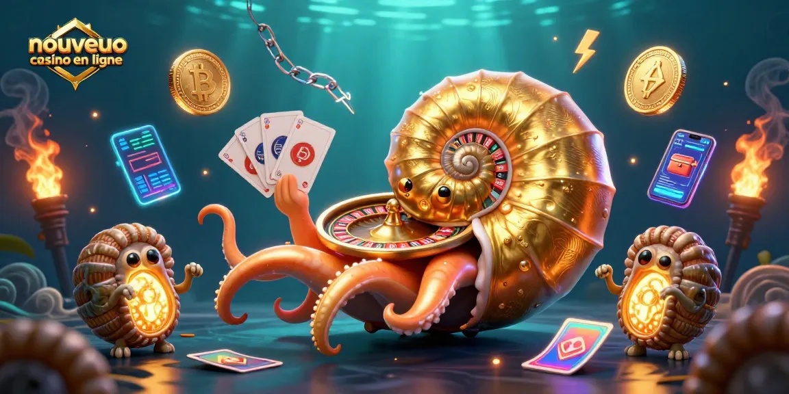Jouer au nouveau casino en ligne avec un nautilus géant en 3D et des pièces de crypto-monnaies brillantes.