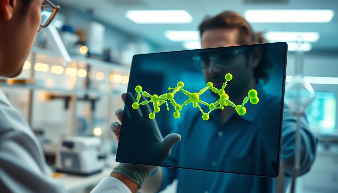 Analyzing Mots C peptide in a state-of-the-art research laboratory with vibrant molecular models.