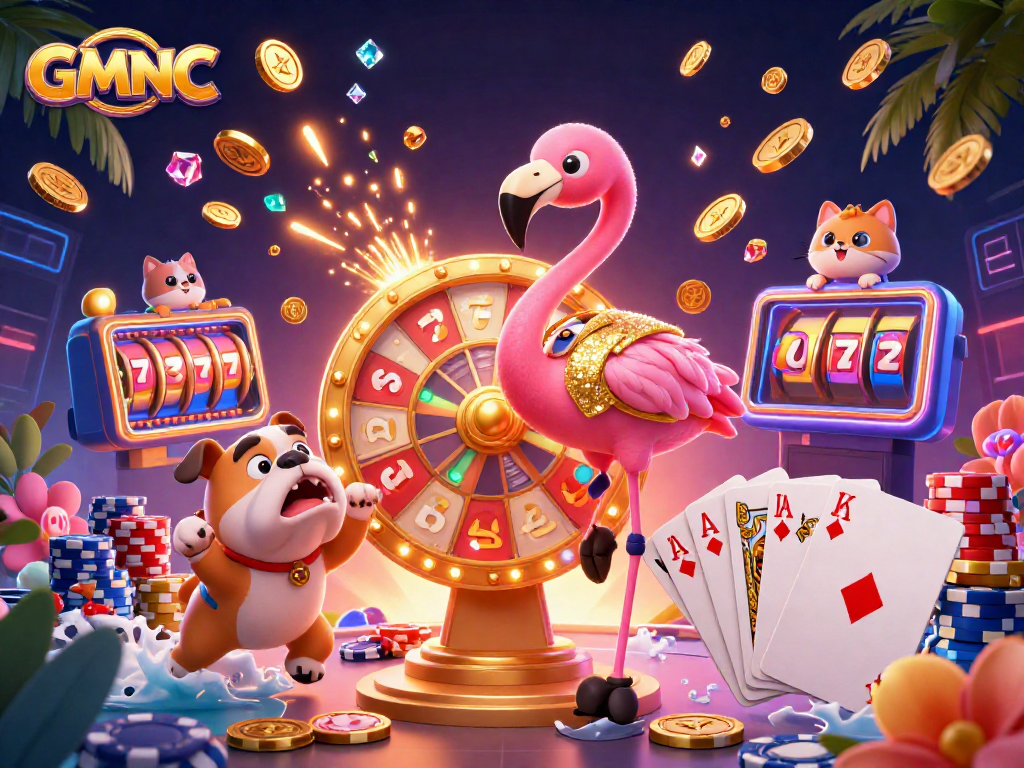 Spinning prizes and jumping contestants at GMNC casino event filled with vibrant colors and dynamic elements.