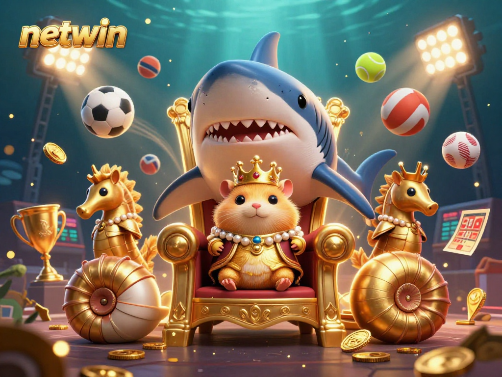 Experience the excitement of netwin with a vibrant 3D illustration of a hamster king surrounded by dynamic sports elements.